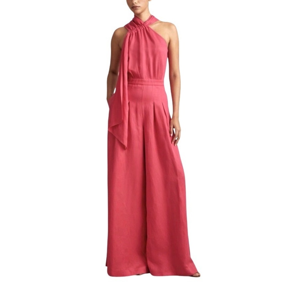 Reiss Jumpsuit Selena Halter Linen Blend Wide Leg  Coral Size US 4